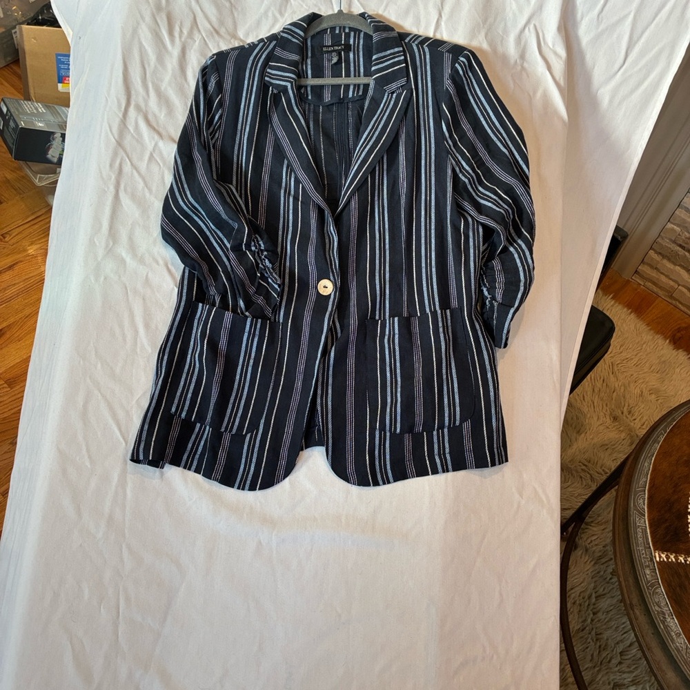 Spring Linen Blazer Women Large Navy/Light Blue/White Striped Blazer Linen Blend - Picture 12 of 12